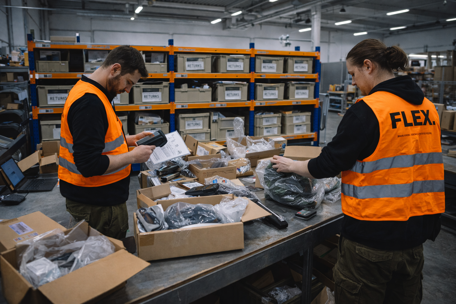 FLEX. warehouse team processing returned customer parcels at a reverse logistics workstation in a fulfillment center