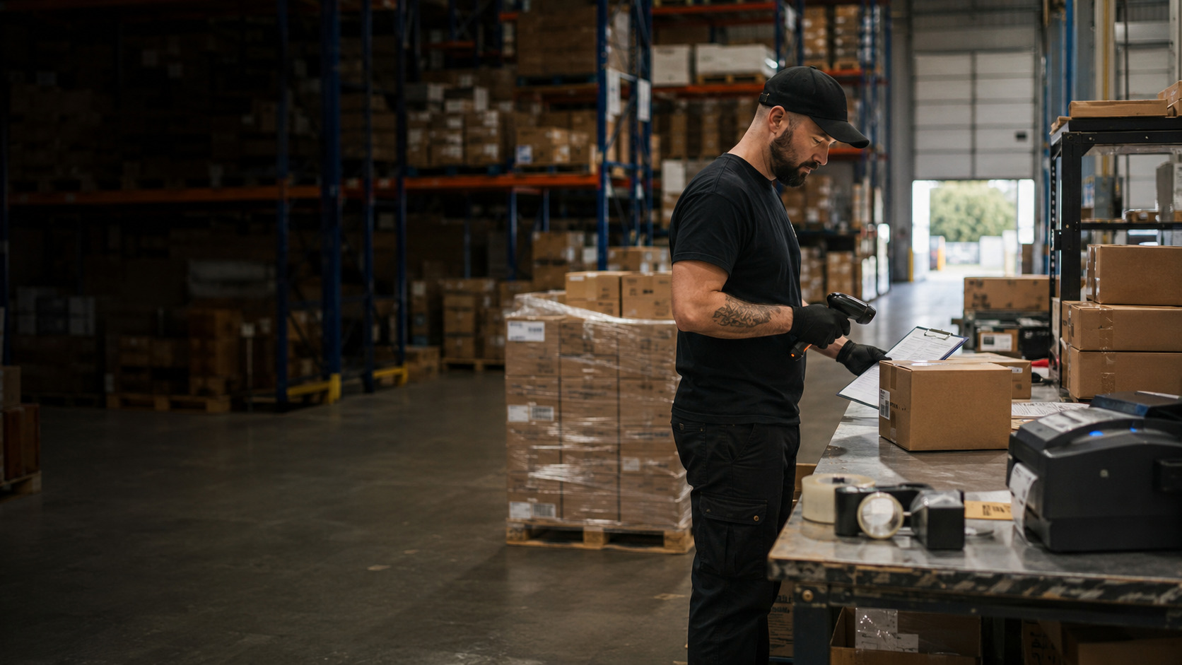 A warehouse operator scans prepared marketplace cartons at a packing table with labels turned away and palletized boxes in the background.