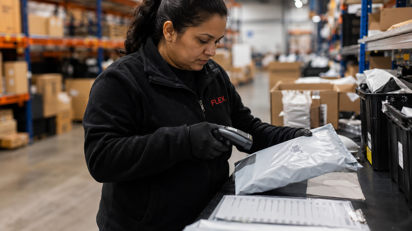 A fulfillment worker checks a returned marketplace parcel against a scanner and blurred checklist at a warehouse QC station.