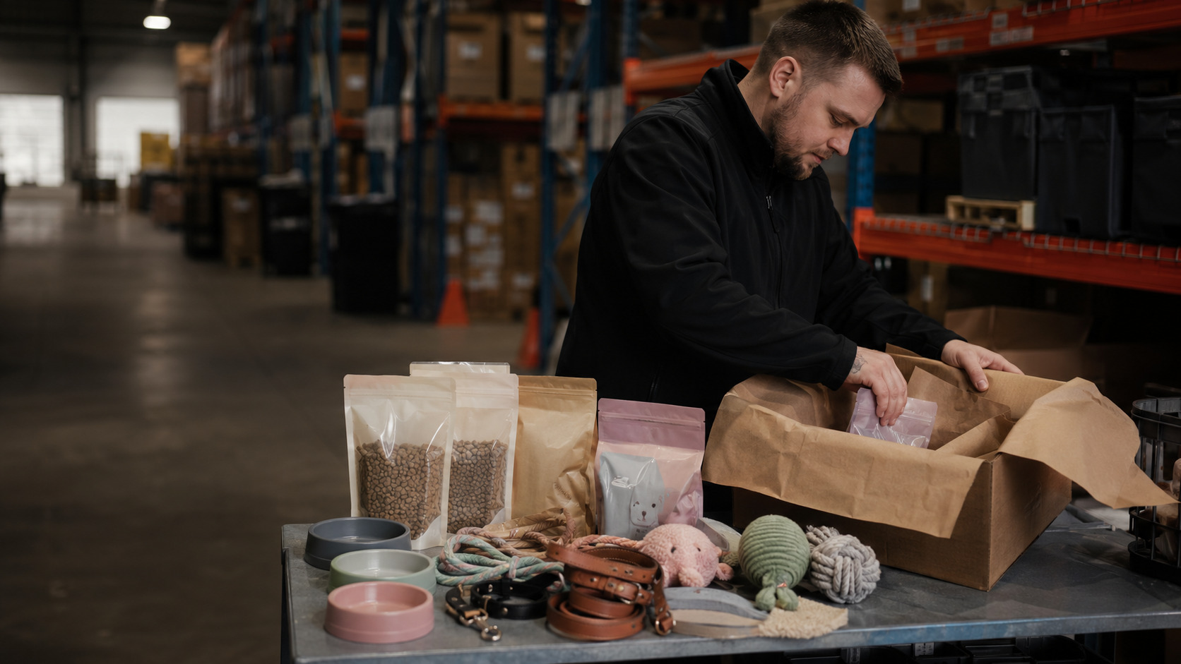 Pet food and accessory products being packed into an order at a warehouse fulfillment table.