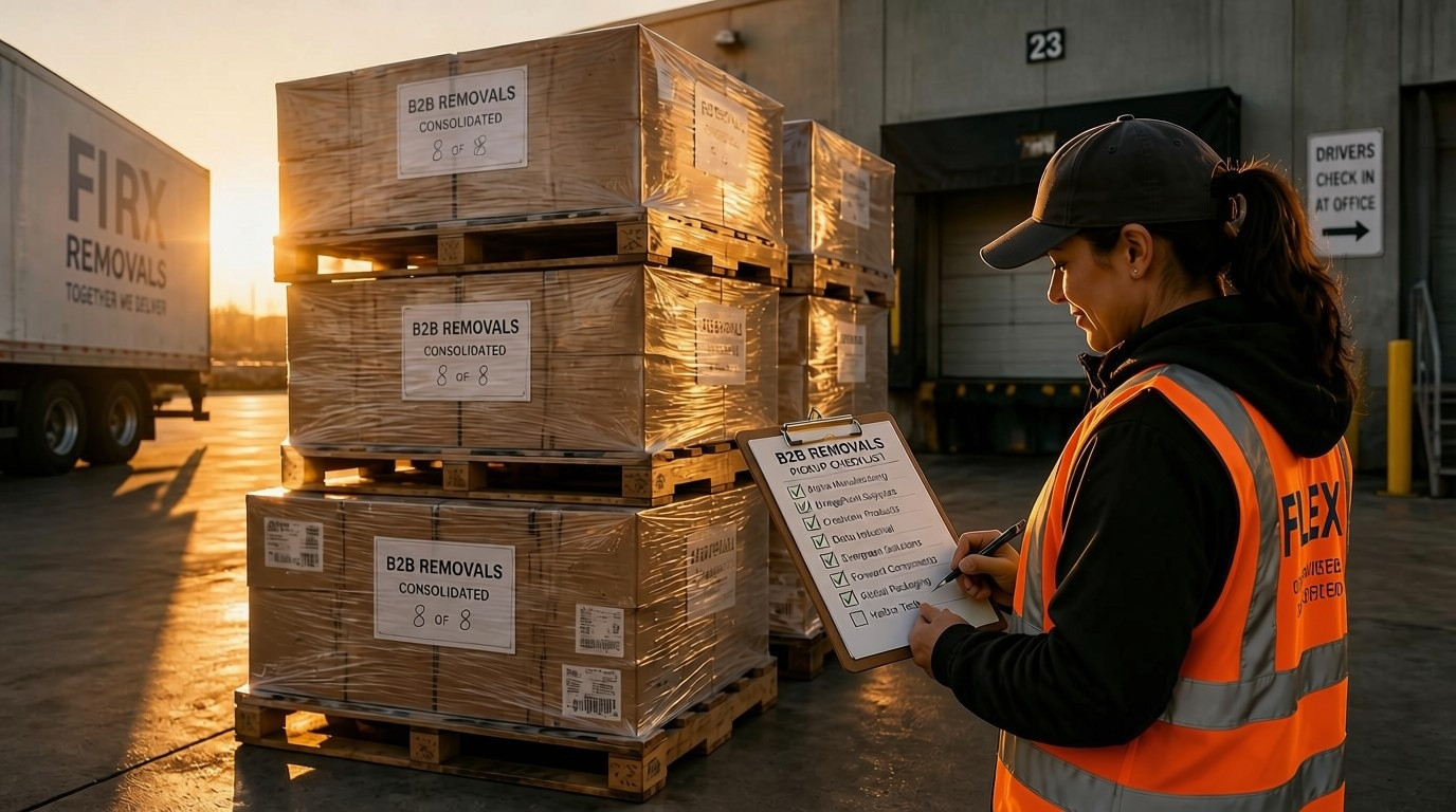Late afternoon light catches a growing stack of consolidated B2B removal pallets near the dock