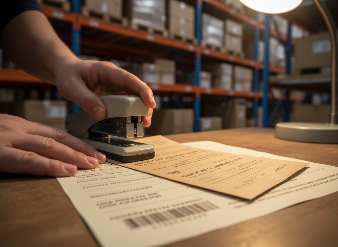 Medium shot of a carrier collection slip being stapled to a removal order form