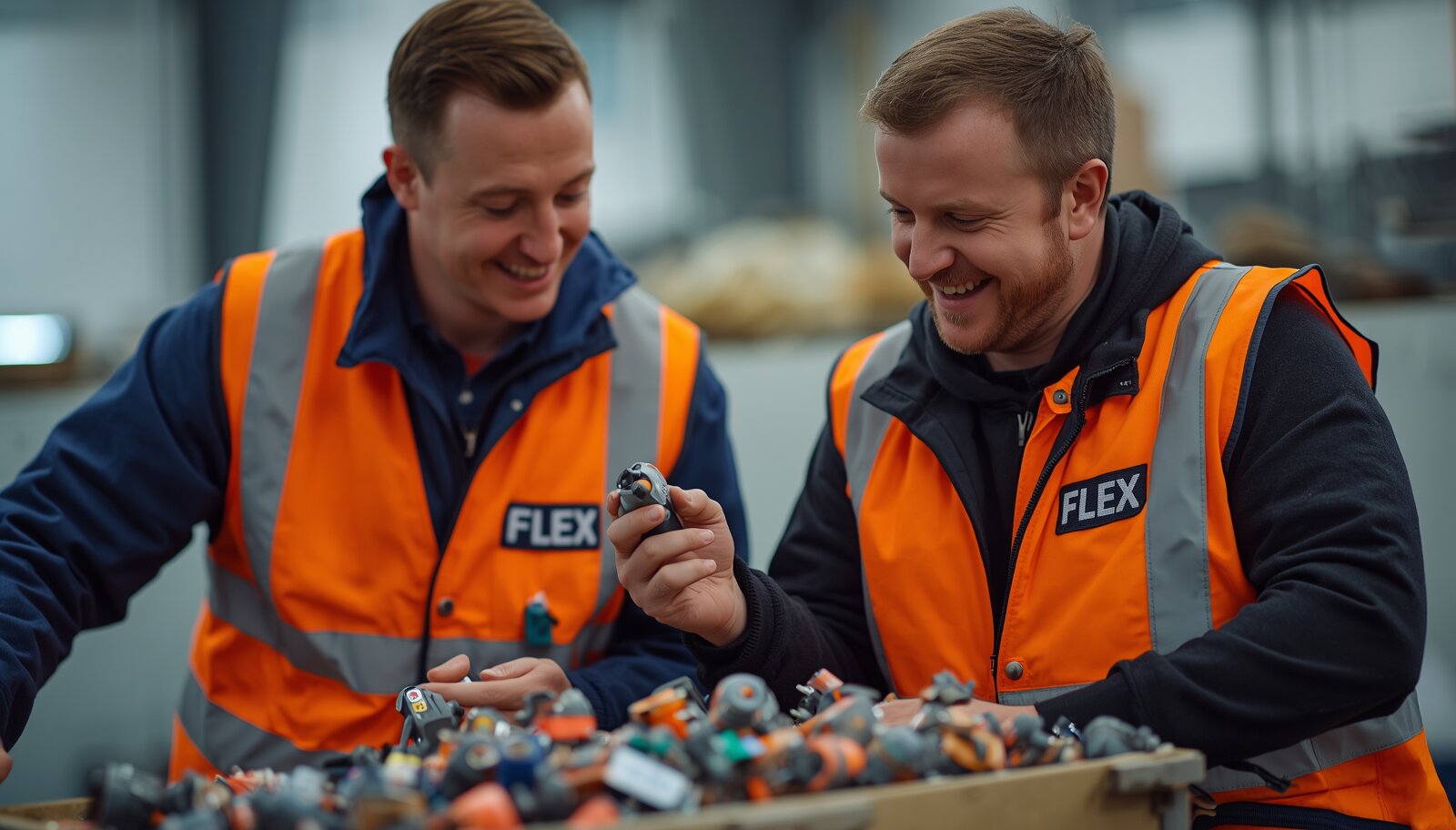 Two coworkers in an orange hi vis vests branded FLEX laugh quietly over a bin of tiny plastic gadgets