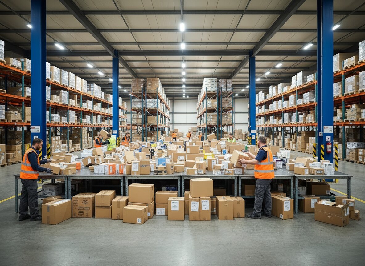 Wide shot of a Manchester warehouse sortation table with mixed cartons being separated into distinct piles