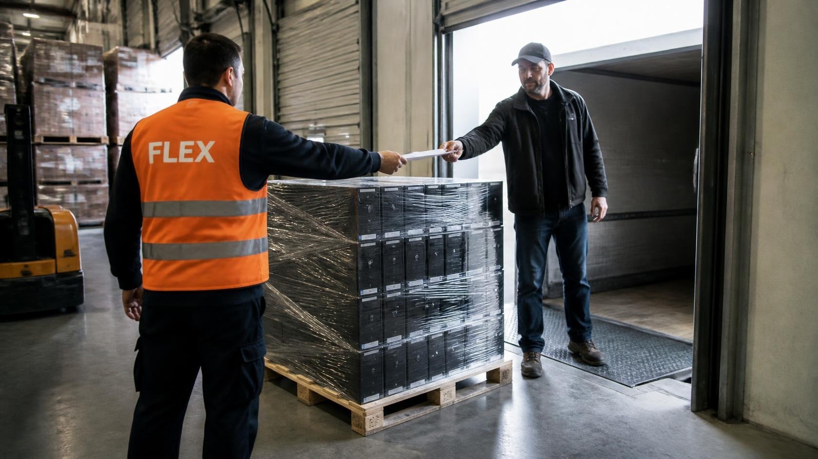Dock worker preparing a pallet of refurbished units for collection by a secondary channel buyer near the loading bay.
