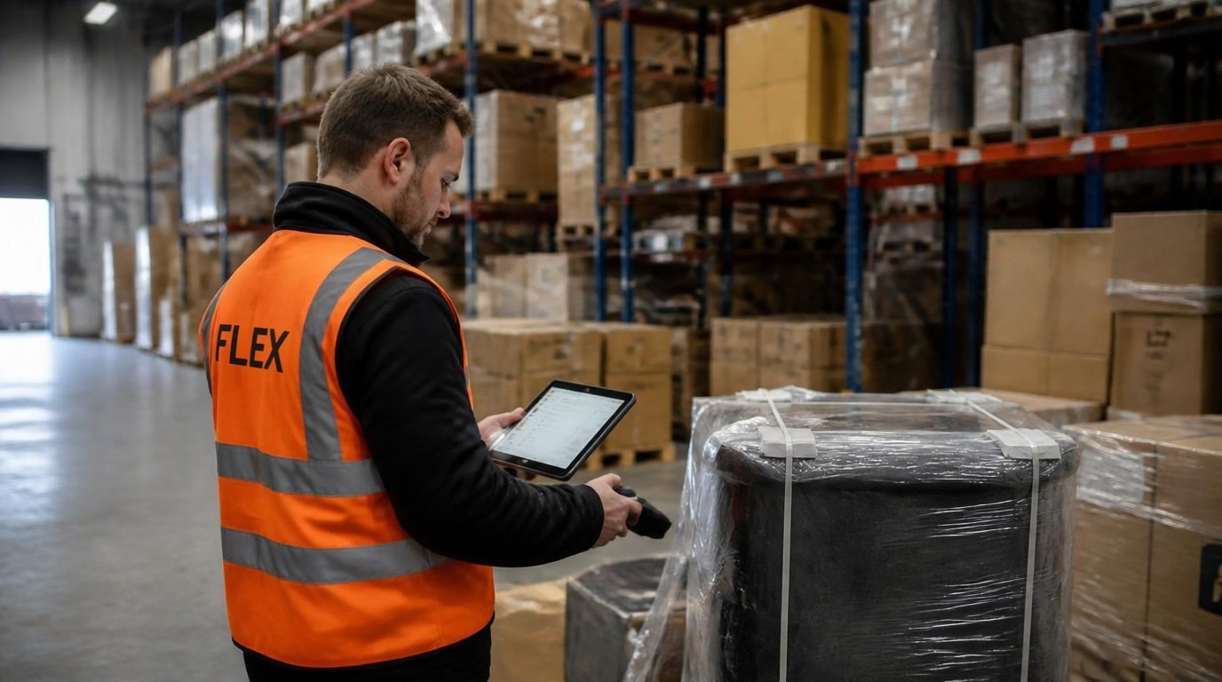 Warehouse worker in an orange hi vis vest scanning a removal shipment against a pre populated intake list on a tablet.