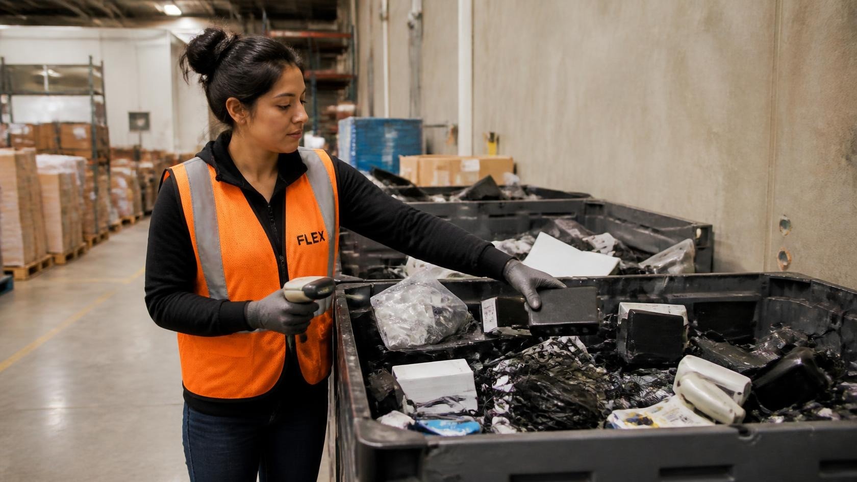 Warehouse worker in an orange hi vis vest sorting flagged electronics units into a designated e waste holding area.