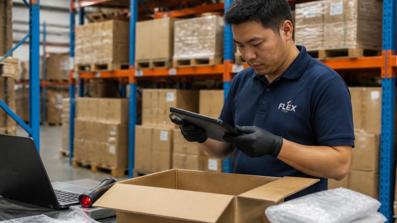 Worker inspecting a returned electronics item for resale eligibility near tall orange steel racking with blue uprights.
